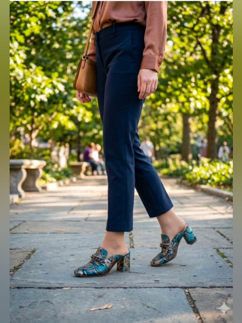 Enzo Angiolini Teal and Copper Embroidered Satin Chain Accent Heeled Mules 7.5